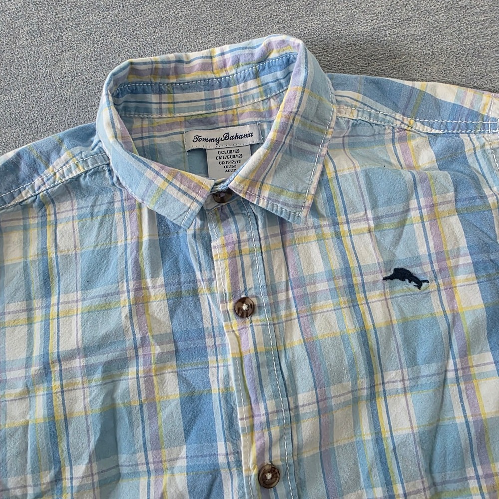 Tommy Bahama Boys Large 10/12 Short Sleeve Plaid Button Down Shirt Blue Yellow